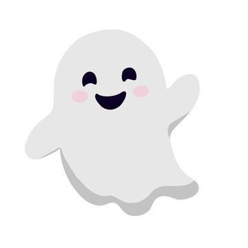 Cute and friendly ghost cartoon character with pink cheeks, isolated on a transparent background.