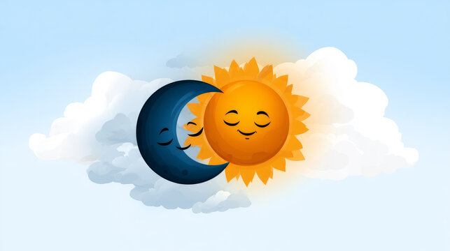 Cartoon sleeping sun and moon passing each other with dreamy smiles 