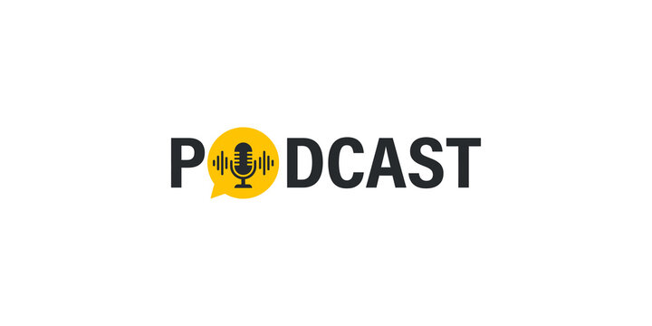 Podcast text logo with microphone icon inside yellow speech bubble for audio streaming branding and digital broadcasting.