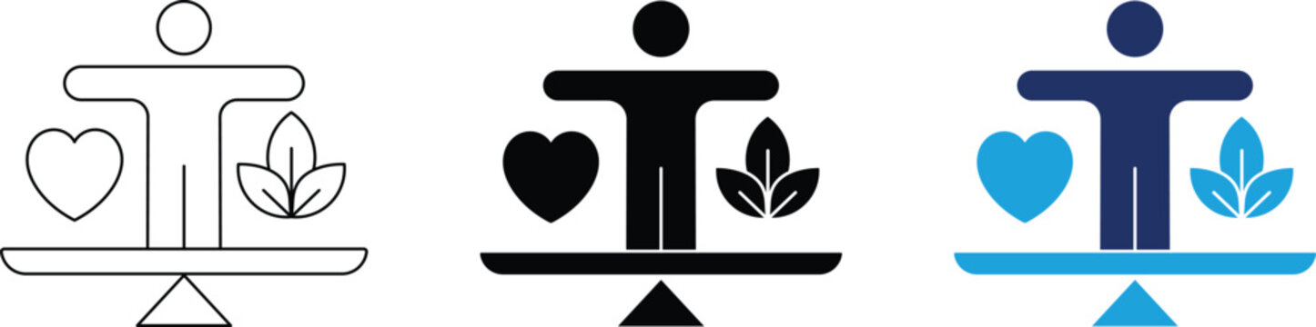 Health and nature balance icon set featuring a person weighing a heart and leaves on a scale, minimal symbols for holistic wellness and eco-friendly lifestyles in outline, solid, and duotone styles.