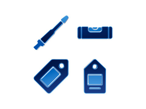Blue pen, spirit level, and two price tags isolated on transparent background.