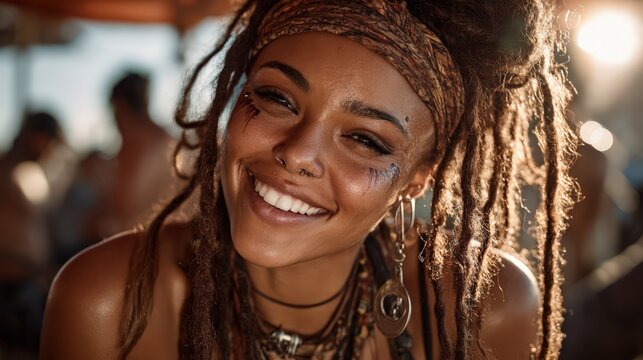 Smiling Woman with Glitter Makeup and Round Sunglasses at Outdoor Music Festival, Bohemian Style, Summer Vibes, Sunny Day