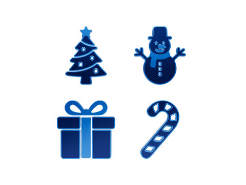 Christmas holiday decoration and gift icons with blue metallic finish for festive designs.
