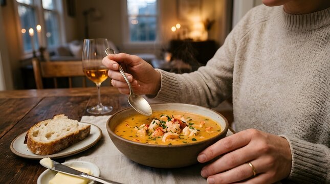 Person Eating Seafood Bisque Soup with Bread at Restaurant