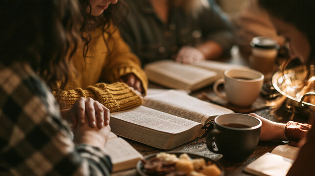 A group of women gather around a wooden table in warm light, reading an open Bible together. This heartfelt scene is perfect for Christian fellowship and devotion concepts.