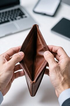 Faceless Male Hands Opening an Empty Leather Wallet Concept