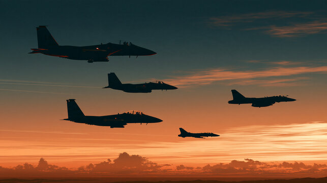 Fighter jets flying in formation against a dramatic sunset sky. Ideal for military defense and aviation concepts.