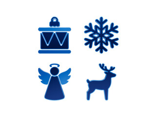 Metallic blue drum snowflake angel and reindeer icons collection for winter holiday theme design. © Mdsamim