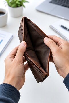 Faceless Male Hands Opening an Empty Leather Wallet Concept 