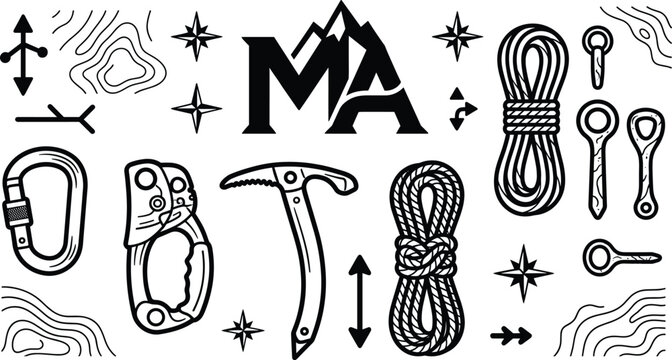 Mountain climbing and mountaineering gear line icon set featuring rope carabiner ice axe peak logo and topographic vector elements
