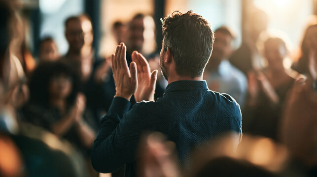 A man claps his hands to celebrate during a professional business presentation. This uplifting scene signifies workplace success and achievement.