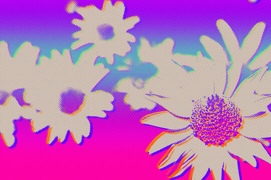 Abstract pop art halftone dot pattern with flat graphic floral silhouettes on a split pink and purple background. Suits 2000s retro cosmetic branding and fashion poster design.