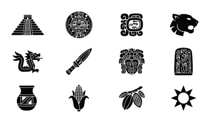 Fototapeta premium Ancient Mesoamerican Icons: Mayan Calendar, Jaguar, Pyramid, Sun, Corn, Dragon, Artifacts
