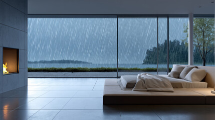 Fototapeta premium Modern bedroom with panoramic window, cozy bed, fireplace, rainy weather, serene lake view, minimalist interior, peaceful mood