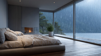 Fototapeta premium Modern bedroom with large windows, cozy fireplace, wooden floor, and rain outside creates peaceful, relaxing atmosphere