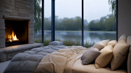 Obraz premium Cozy bedroom with fireplace, large window, soft bedding, serene lake view, rainy weather, tranquil mood