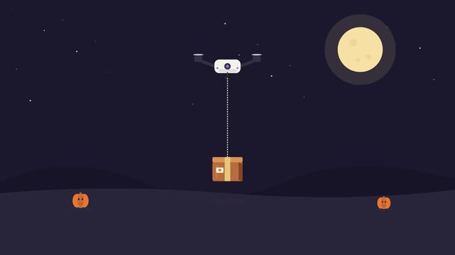 Halloween Drone Parcel Delivery Animation with Bats Flying Out of Gift Box Loop