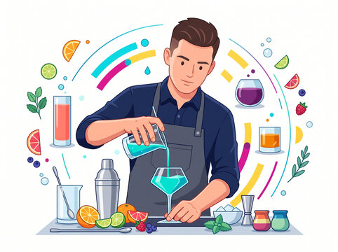 Colorful Cocktail Mixology Innovation with Creative Drink Experimentation and Professional Bartender