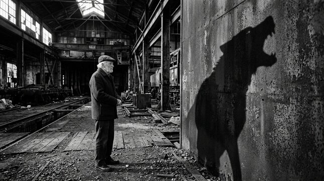 Elderly man confronts wolf shadow in abandoned industrial building, monochrome