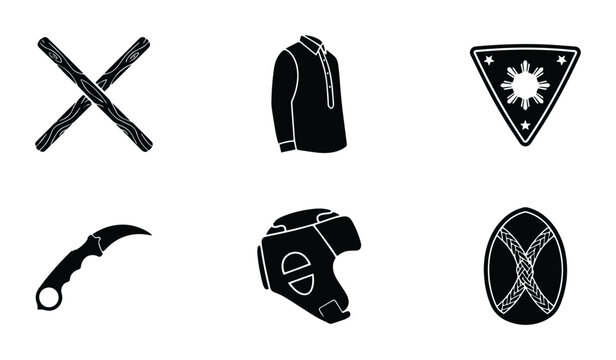 Filipino Martial Arts Icons Set, Arnis Sticks, Karambit Knife, Protective Gear, Cultural Symbols Vector