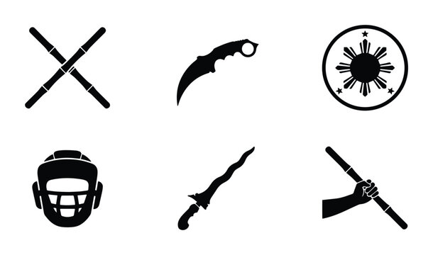 Filipino Martial Arts Icons: Arnis Sticks, Karambit, Sun Emblem, Headgear, Kris Sword, Hand Grip
