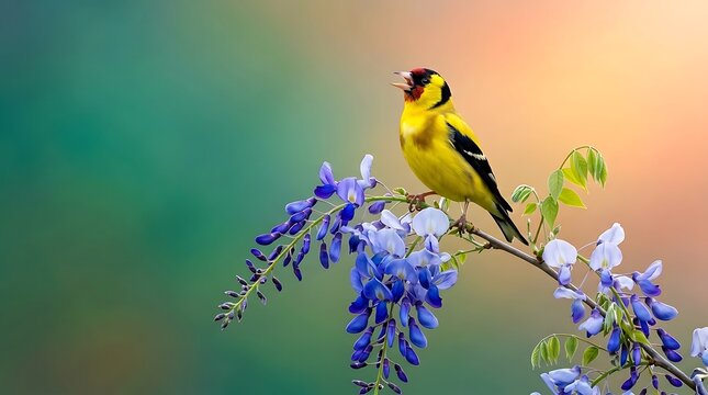 Yellow bird perched on purple flowering branch in nature