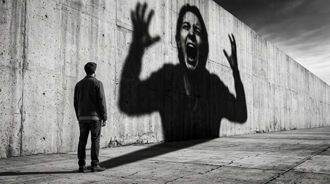 Man confronts inner turmoil projected as screaming shadow on concrete wall