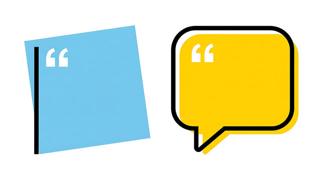 Blue and yellow quote box speech bubble template icons isolated on a white background for citation and message design