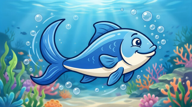 Cute blue fish swimming in the deep ocean underwater illustration