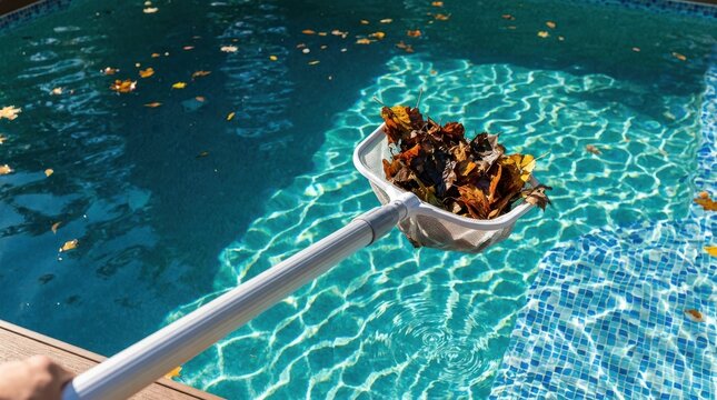 Person holding pole with skimmer net removing brown autumn leaves from residential swimming pool for clear hygiene.