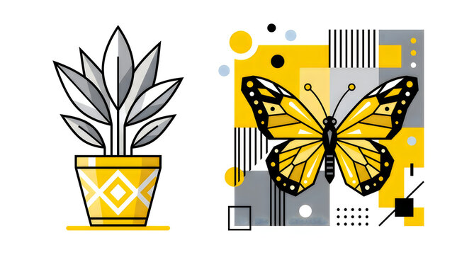 Houseplant in a pot and a colorful yellow butterfly icon illustration