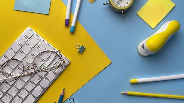 Yellow and blue office supplies flat lay composition