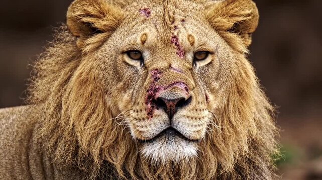 Wounded male lion with facial scars looking forward close up portrait