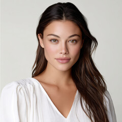 Fototapeta premium Young woman soft light clear skin natural makeup long brown hair white blouse confident serene
