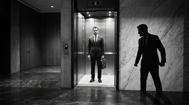 Man in Elevator, Shadowy Figure Lurking