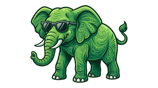 Cool green elephant wearing black sunglasses cartoon character illustration