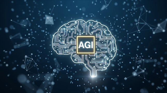 Artificial General Intelligence AGI Era Concept. AGI Digital Brain Hologram copy space