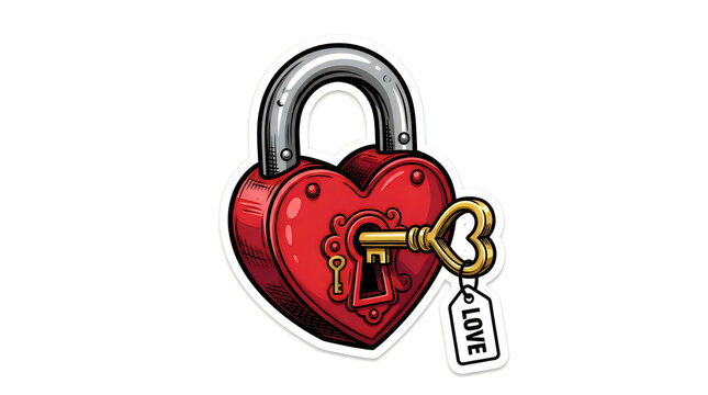 Red heart shape padlock with a metal key and love tag illustration