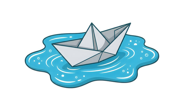 Little paper boat floating on a blue puddle of water illustration