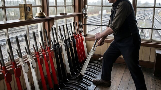 Railway signalman operating mechanical lever frame inside vintage signal box control room.