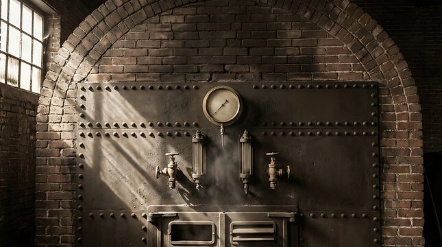 Industrial boiler machinery with pressure gauge and brass valves in dark brick warehouse.