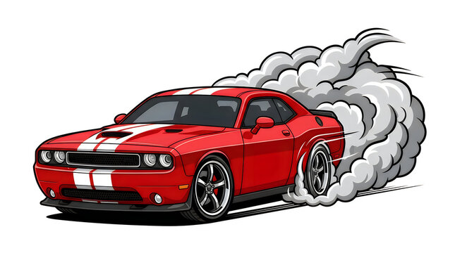 Red muscle car drifting with heavy tire smoke illustration illustration