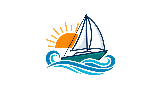 Sailboat icon on ocean waves with a bright rising sun illustration