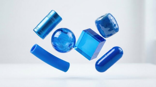 Blue glass objects floating in mid-air against a white background.