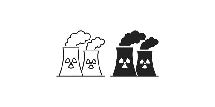 Linear and solid nuclear power plant icons with radioactive symbols for industrial energy concept.