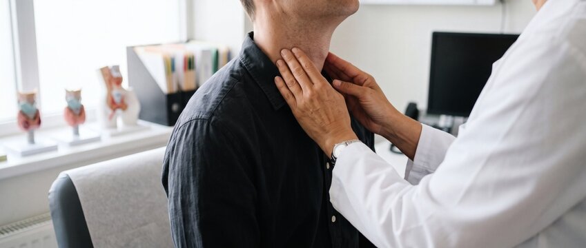 Doctor in white medical coat palpating neck and thyroid gland of male patient in examination room. Attentive clinical physician checking lymph nodes during routine medical consultation care.