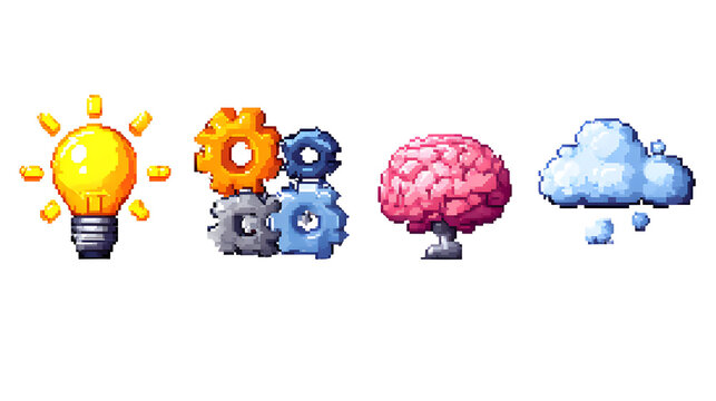 Pixel row of idea gears brain and cloud icons representing thinking process