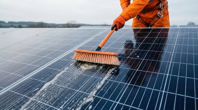 Solar panel maintenance technician cleaning photovoltaic surface with orange brush and soapy water outdoors.