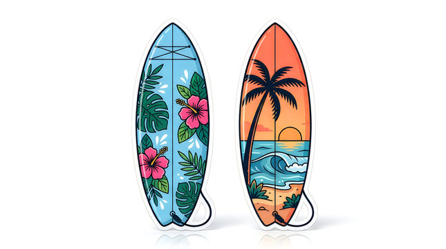 Two colorful surfboards with tropical palm and flower art illustration