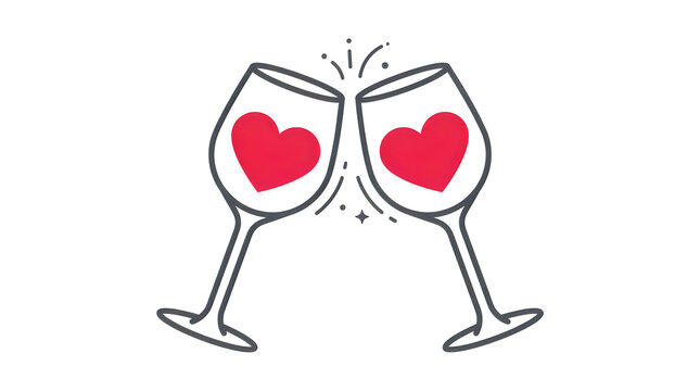 Two wine glasses clinking with red heart shapes illustration